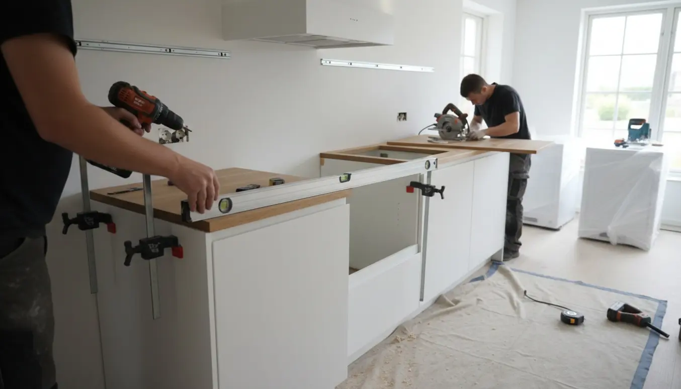 Hænder monterer et L-formet, hvidt Designa-køkken med bordpladeudskæring og emhætteskjuler i et lyst rum.