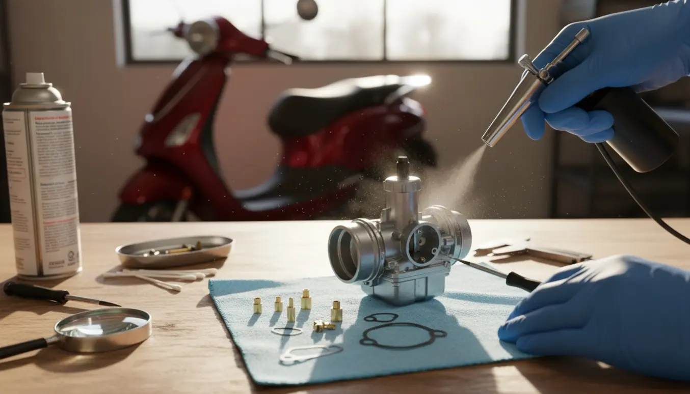 Nærbillede af Piaggio NRG 2020-karburator på arbejdsbord med værktøj og handsker under rensning og justering.