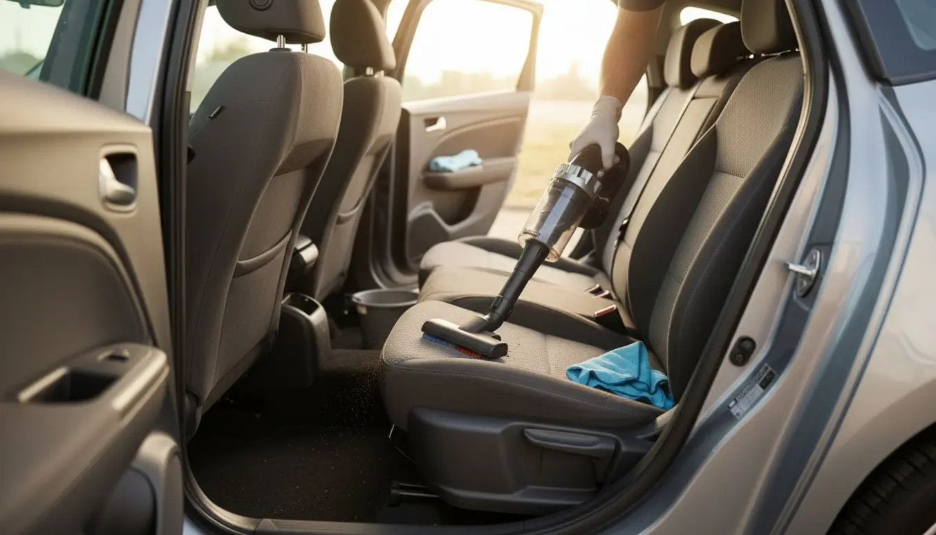 Bilens sæder bliver støvsuget og renset med en håndholdt støvsuger og mikrofiberklud.