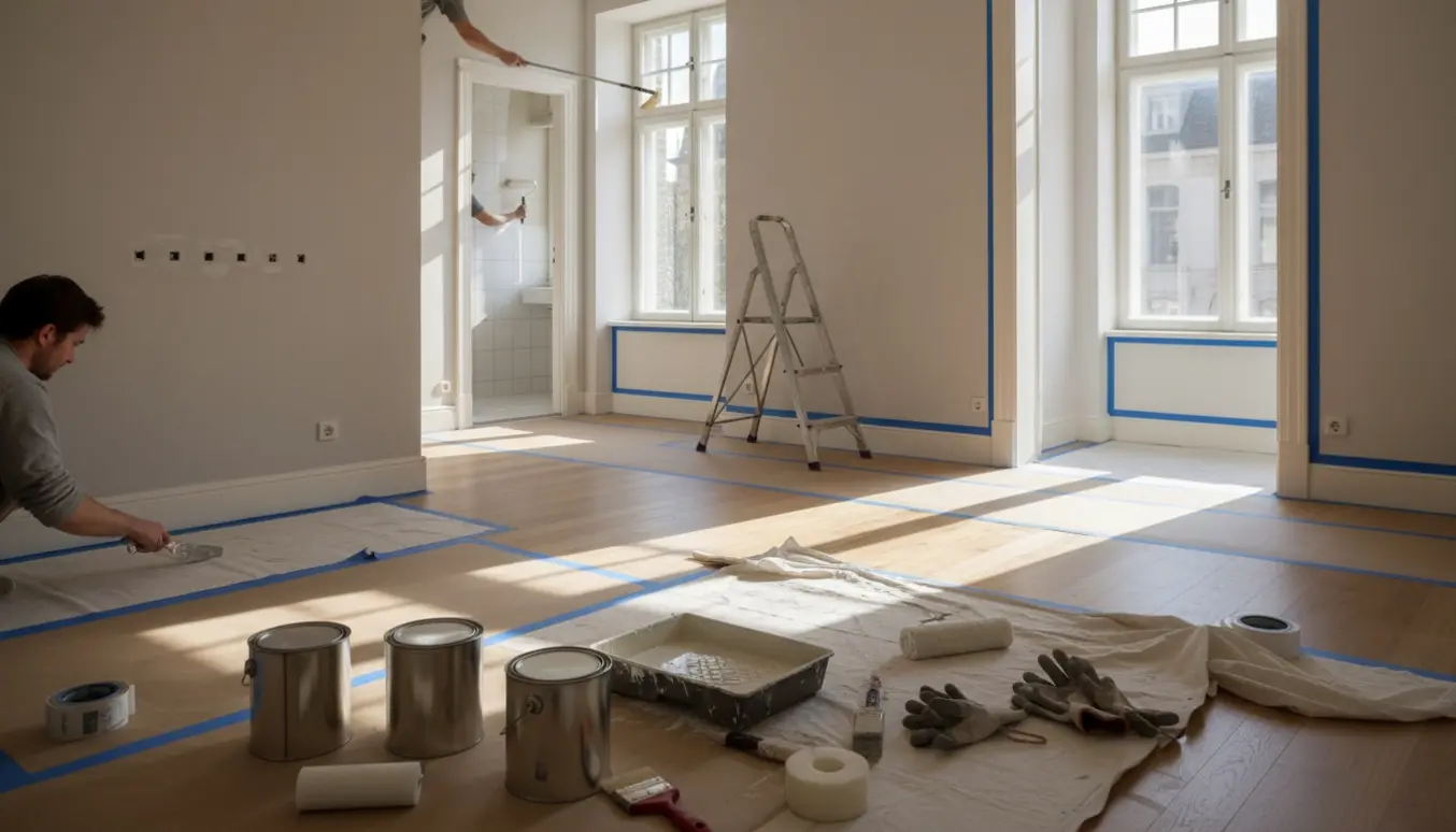 Lejlighed under istandsættelse med afdækning, nyslebne gulve og professionelle malerværktøjer.
