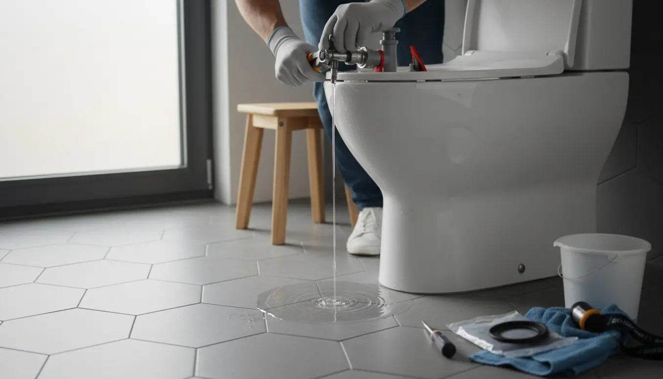 Åbent toiletcistern med værktøj og handsker, der reparerer et løbende toilet.