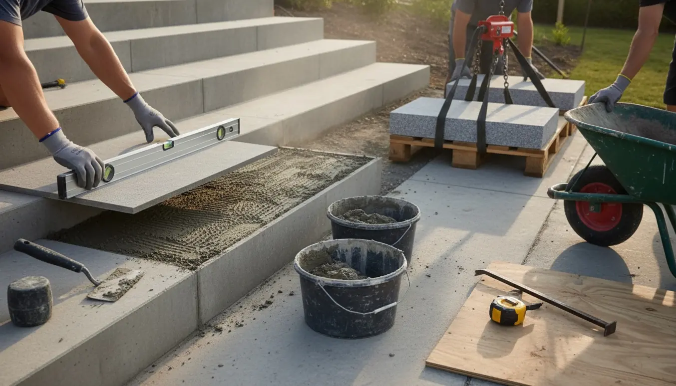 Hænder retter en flise, mens tunge granittrappesten ligger klar til montering på en støbt betontrappe.