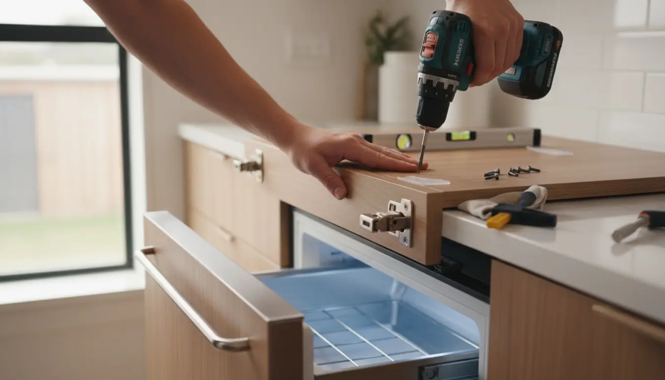 Hænder monterer en integreret låge på en indbygget fryser i et moderne køkken.