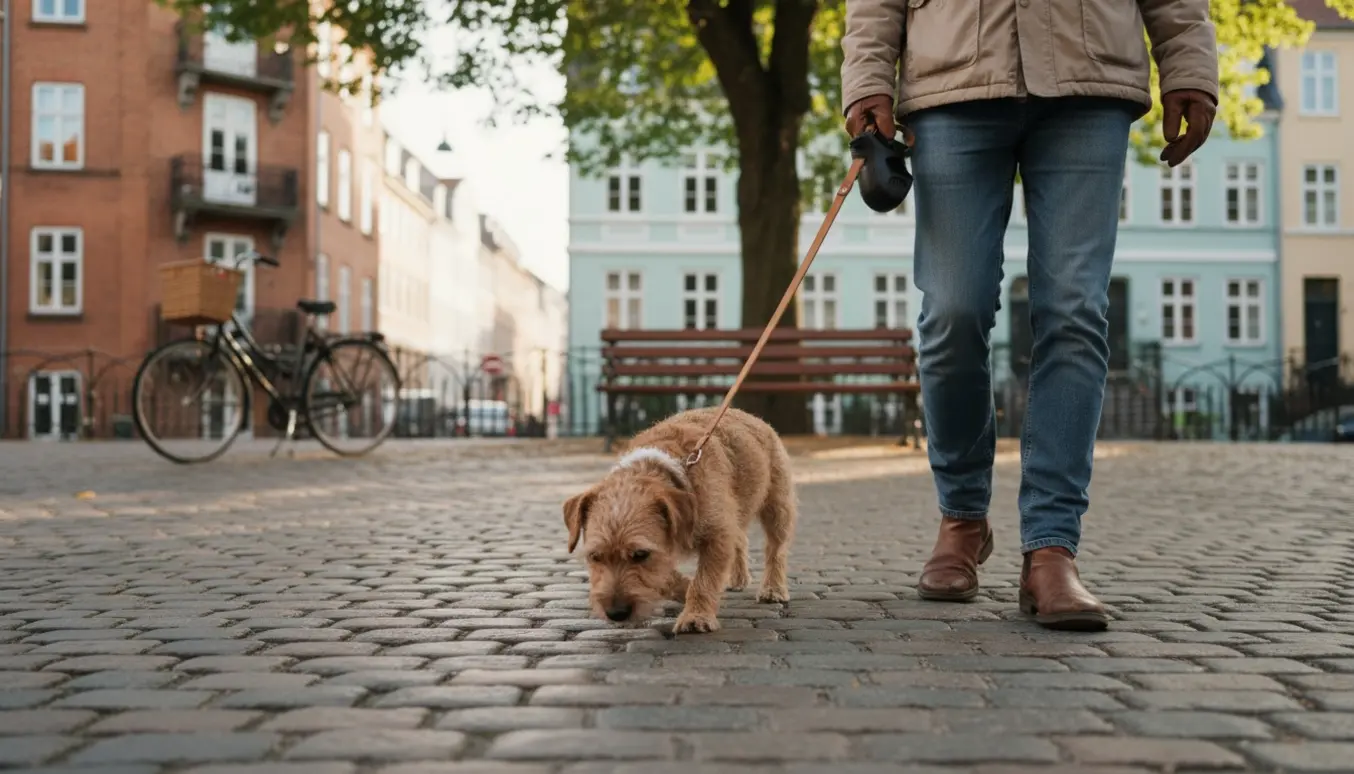 En lille hund i snor bliver luftet på en solvarm eftermiddag i et københavnsk kvarter.