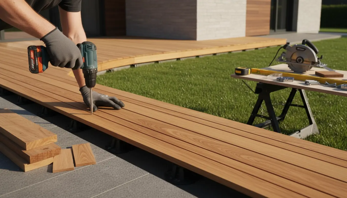 L-formet trætterasse omkring et hus, med en sektion ovenpå eksisterende fliser og teak- og imprægnerede brædder under installation.