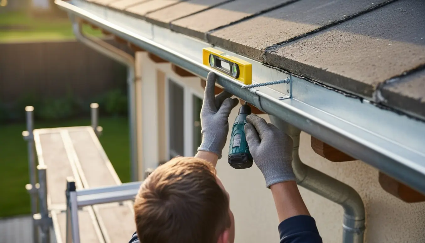 Nærbillede af montering af zinktagrende med arbejdshandsker og værktøj, uden synligt ansigt.