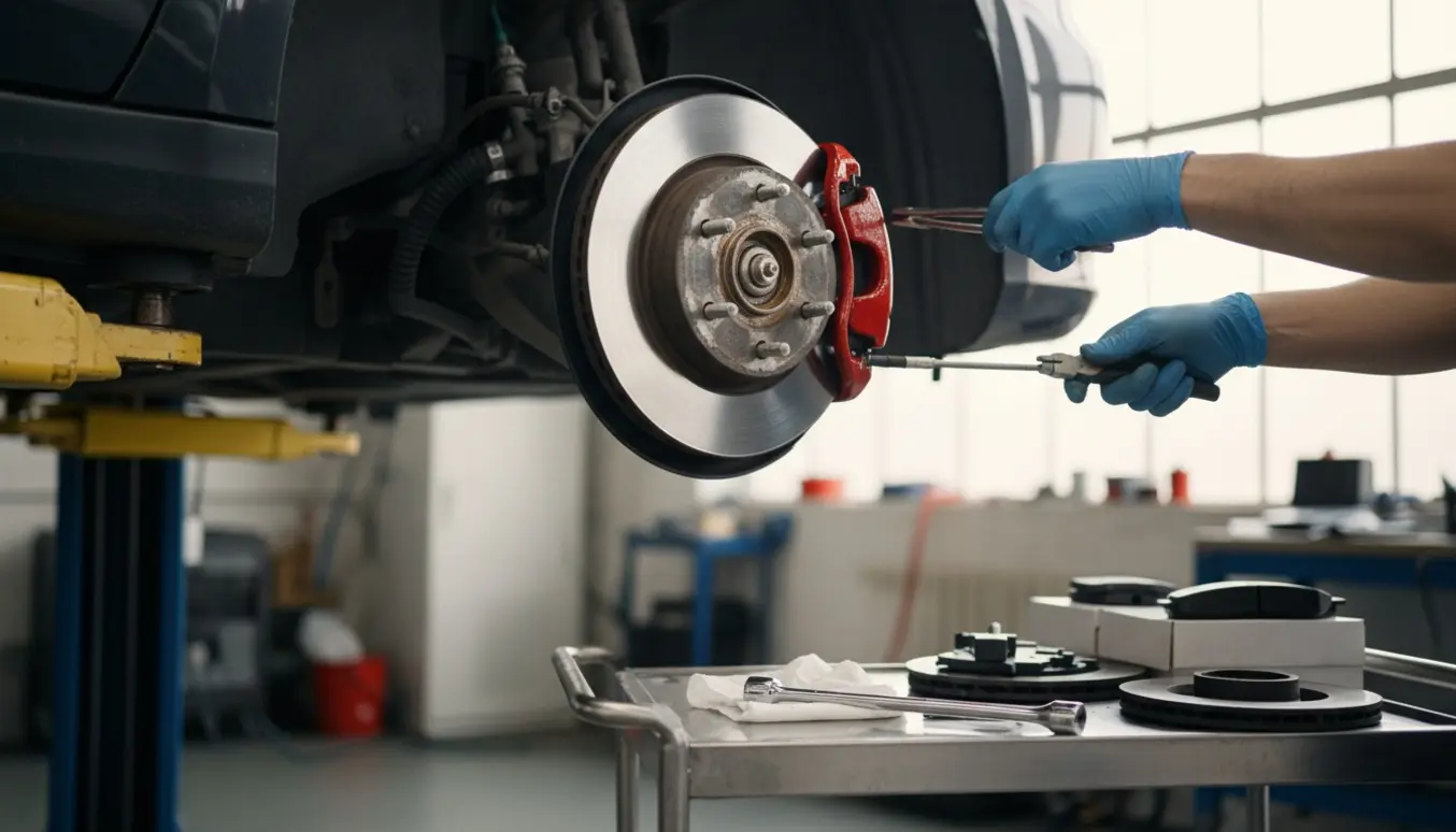 Nærbillede af mekanikerens handsker, der justerer parkeringsbremsens kabel ved et bilhjul med nye bremeskiver i et veloplyst værksted.