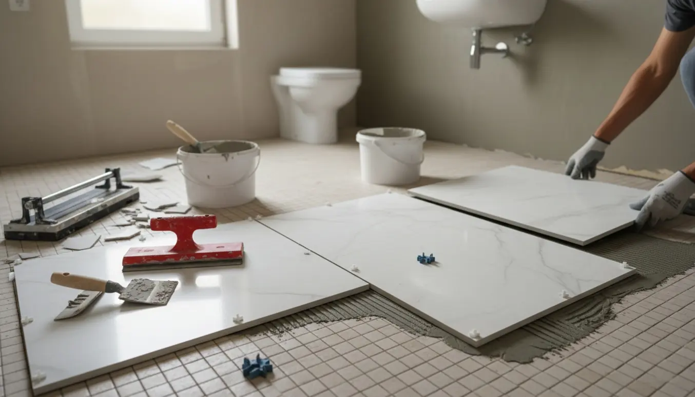 Lille badeværelse under renovering med nye gulvklinker lagt ovenpå gamle fliser og microcement på væggene.