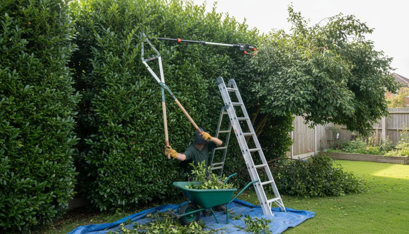 Gartner klipper en stor kirsebærlaurbærbusk ved naboskel, med afklip samlet på en presenning.