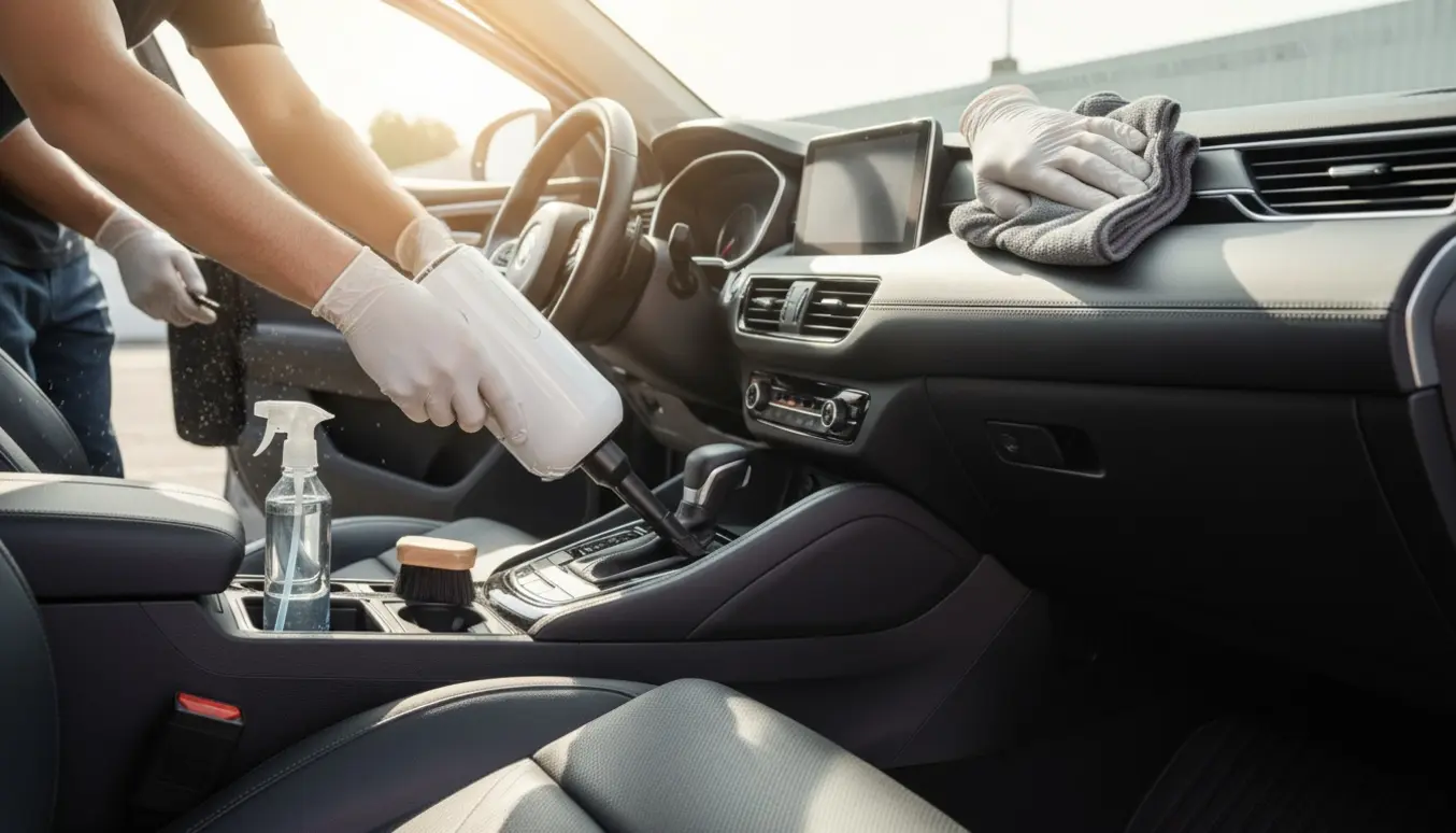 Solbelyst nærbillede af indvendig bilrengøring med støvsugning, aftørring og bankning af måtter.