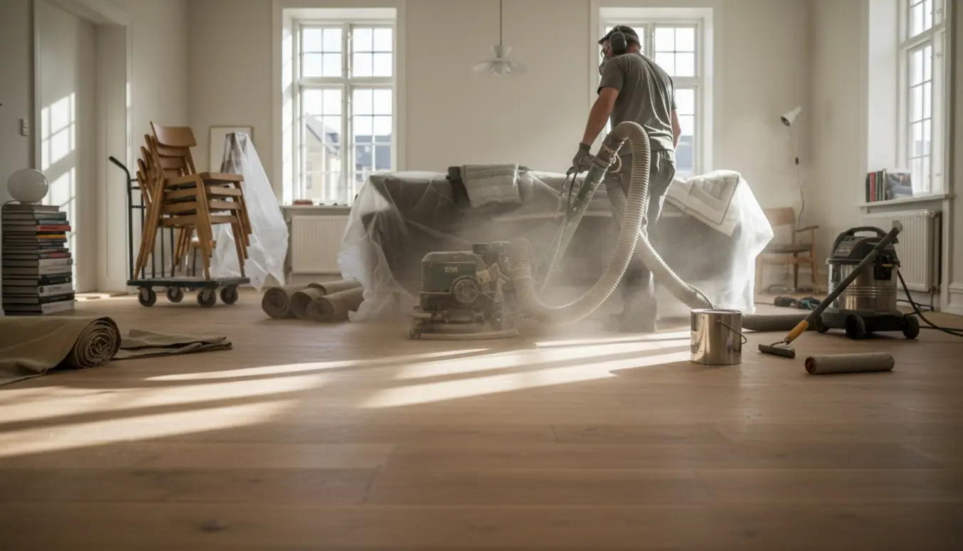 Lyst københavnsk lejlighedsgulv under slibning med møbler samlet i midten og slibemaskine i brug.