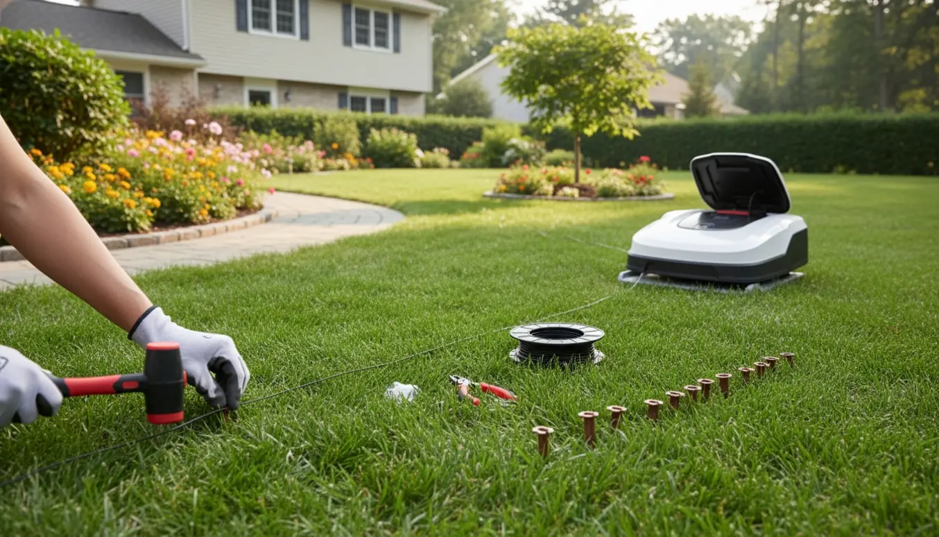 Nærbillede af installation af kanttråd i en villahave med robotplæneklipper ved ladestationen.