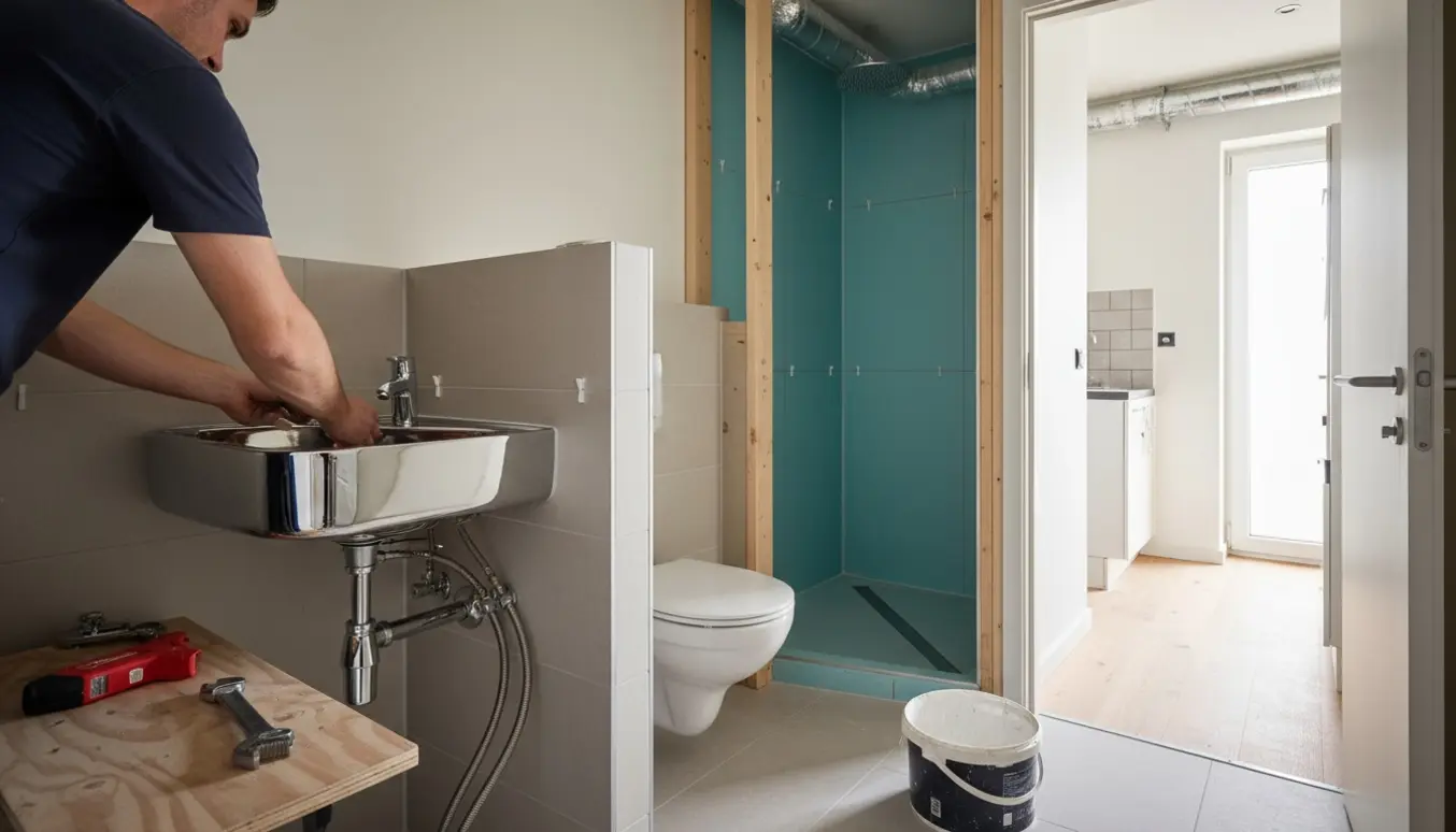 Renovering i en lille lejlighed med etablering af vådrum og montering af en lille hjørnevask, synlige rør og fliser.