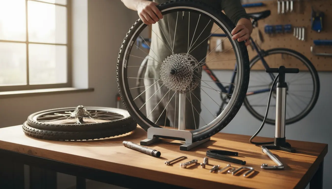 Nærbillede af hænder, der skifter for- og bagdæk på en cykel i et solfyldt værksted.