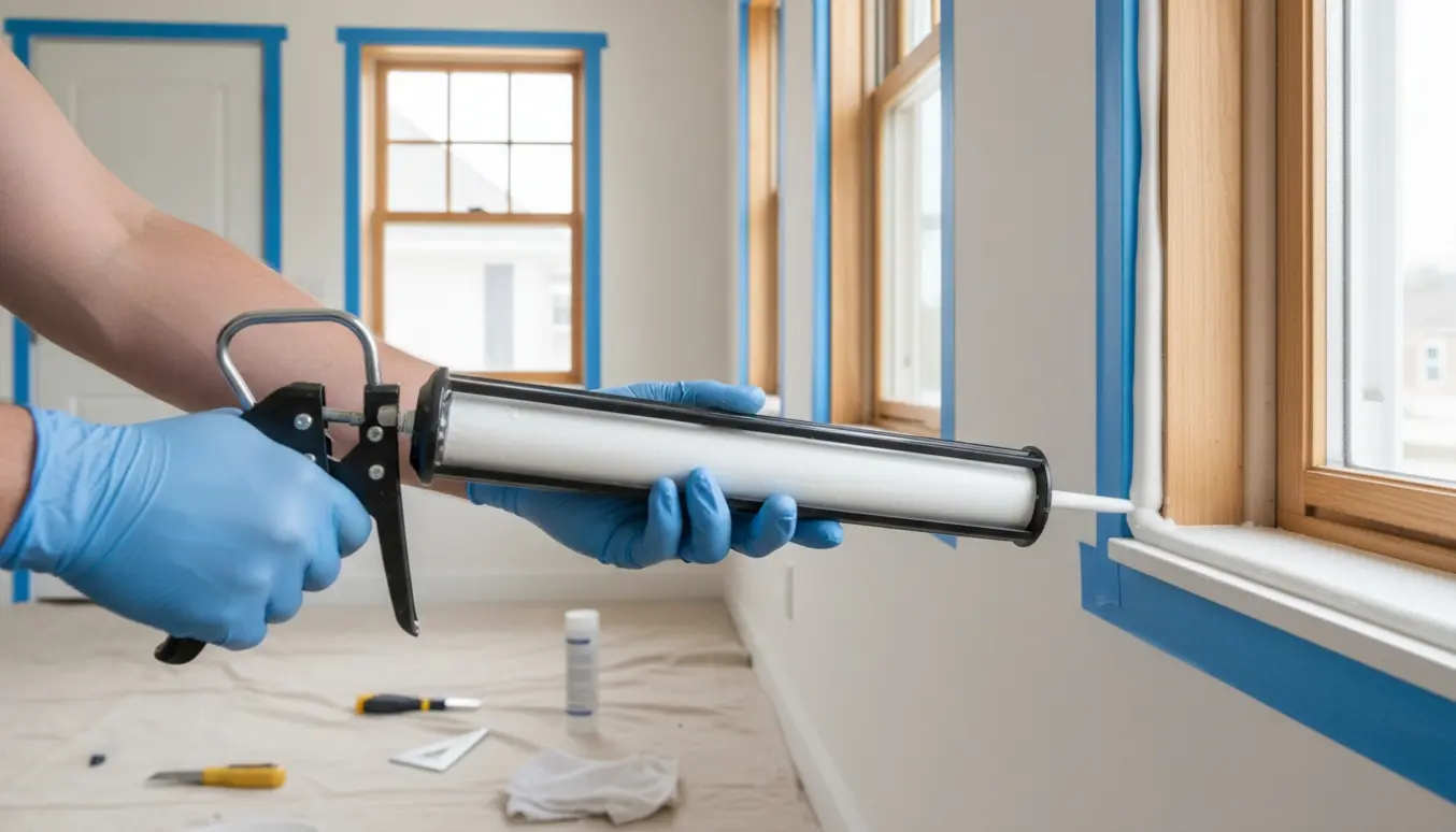 Nærbillede af hænder i handsker, der fuge en vindueskarm med en fugepistol, mens flere vinduer og døre ses i baggrunden.