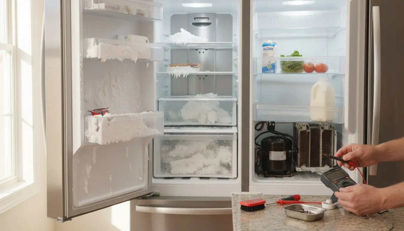 Hænder tester en fjernet termostat med multimeter foran et åbent køle-fryseskab med frost i fryseren.