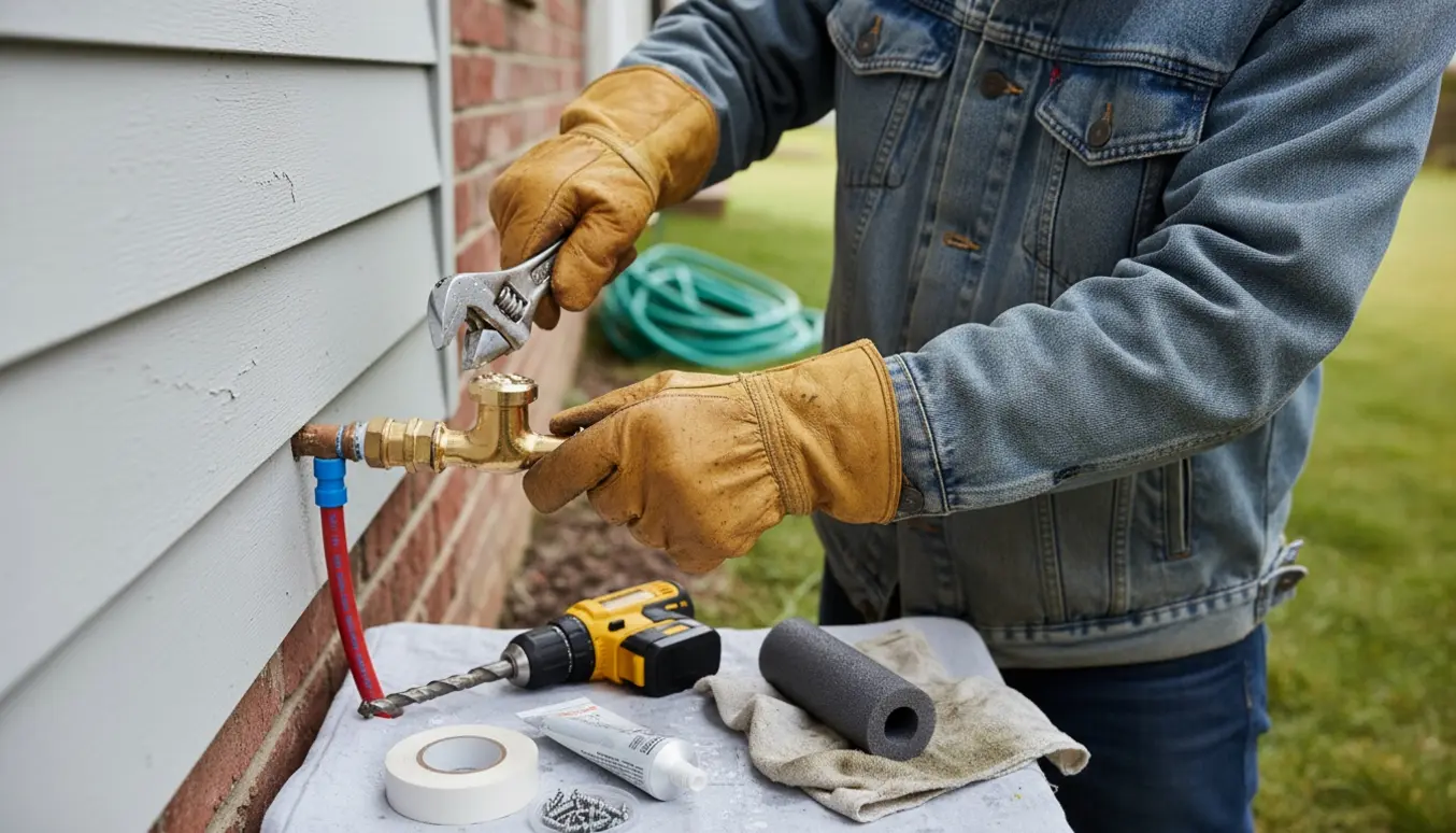 Nærbillede af hænder, der monterer en frostsikker udendørs vandhane på en husmur.