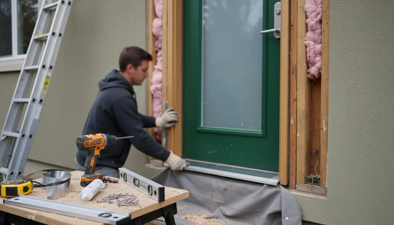 Tømrer monterer ny yderdør og metalinddækning ved husfacaden, med værktøj og materialer klar.