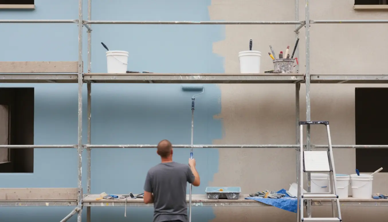 En håndværker på stillads ruller maling på en nypudset facade, med malerbøtter og udstyr i forgrunden.