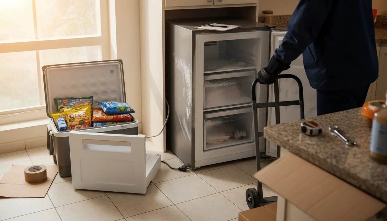 Fryser trækkes ud af køkkenet på en dolly med en sløret tjekliste og en åben køleboks ved siden af.