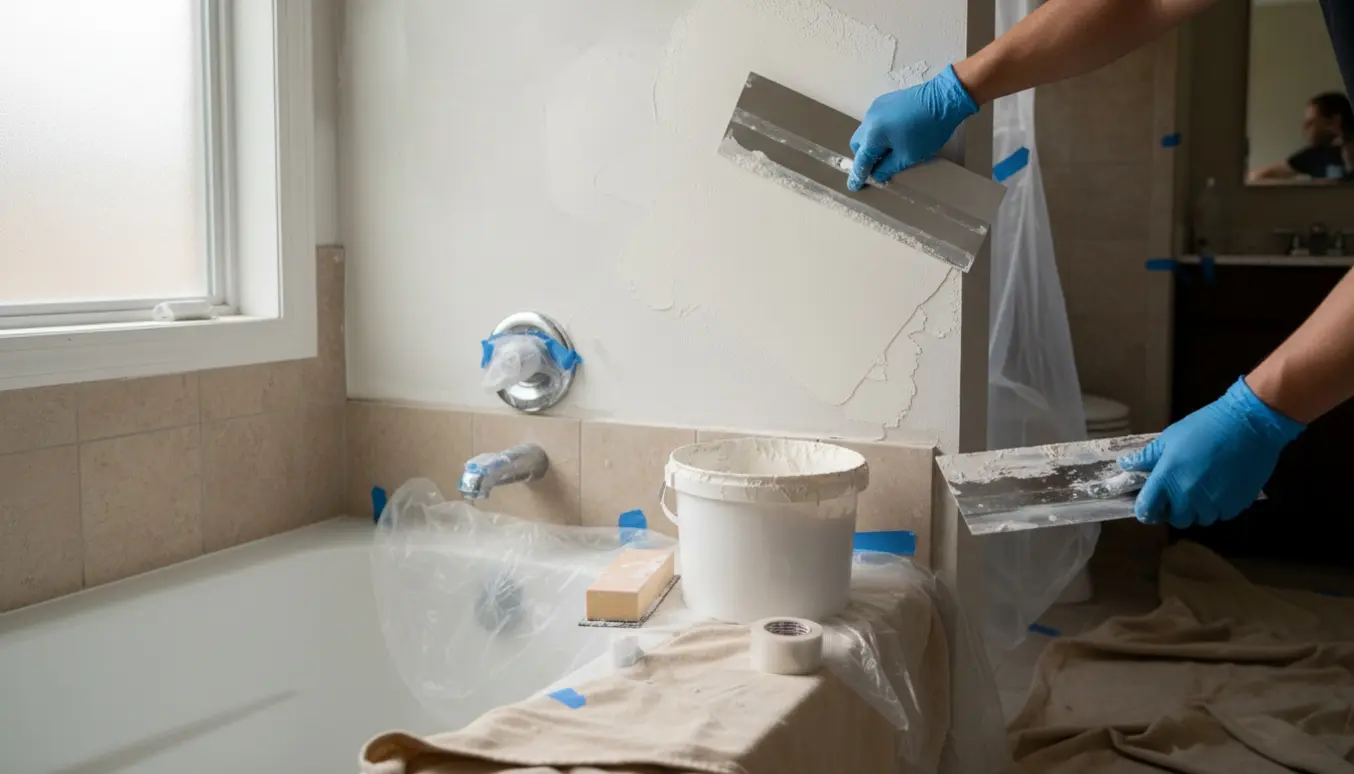 Nærbillede af hands in handsker, der spartler en badeværelsesvæg med bred spartel, værktøj og afdækning i naturligt lys.