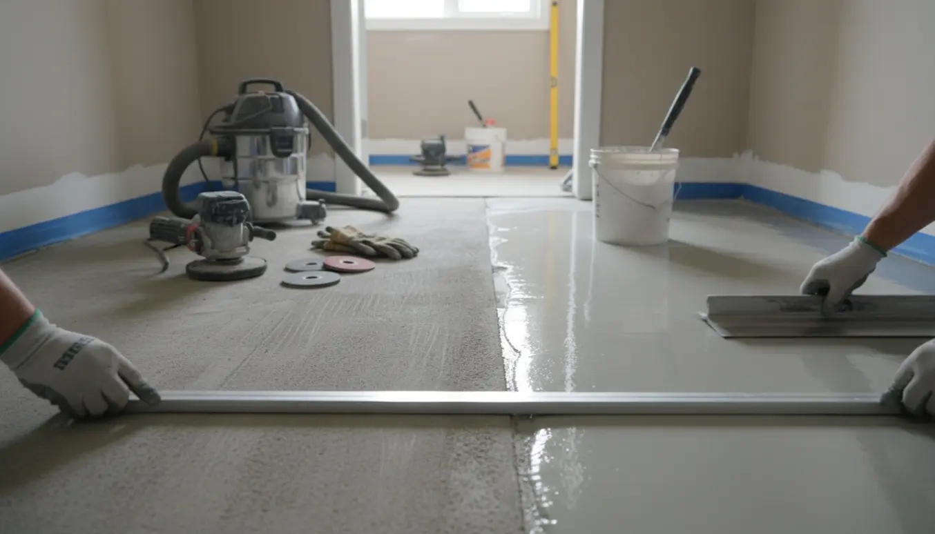 Ujævnt betongulv hvor en slibemaskine har slebet nogle områder, mens flydebeton glattes ud med en glitteske.