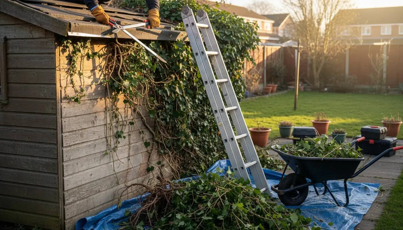 Efeu fjernes fra en trævæg på et skur med beskæringssaks, stige og presenning under arbejdet.