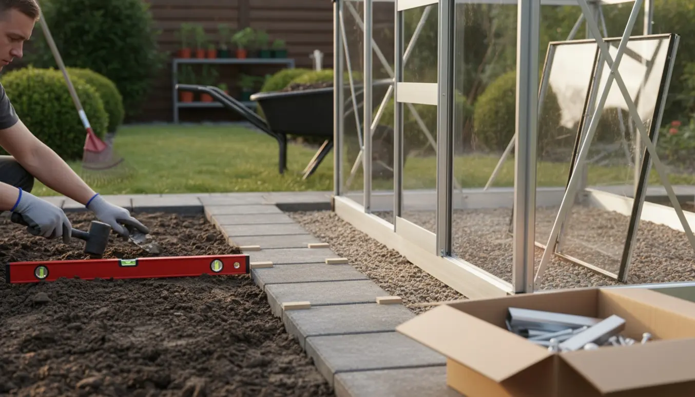 Handskerede hænder planerer jord og lægger fliser til fundamentet til et drivhus i en solbeskinnet have.