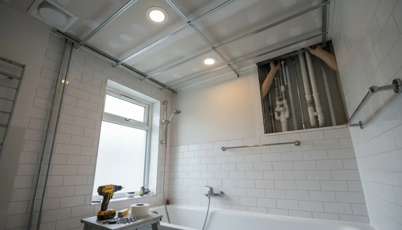 Nedsænket loft i et lille badeværelse med indbyggede spots og værktøj, udført omkring rør langs væggen.