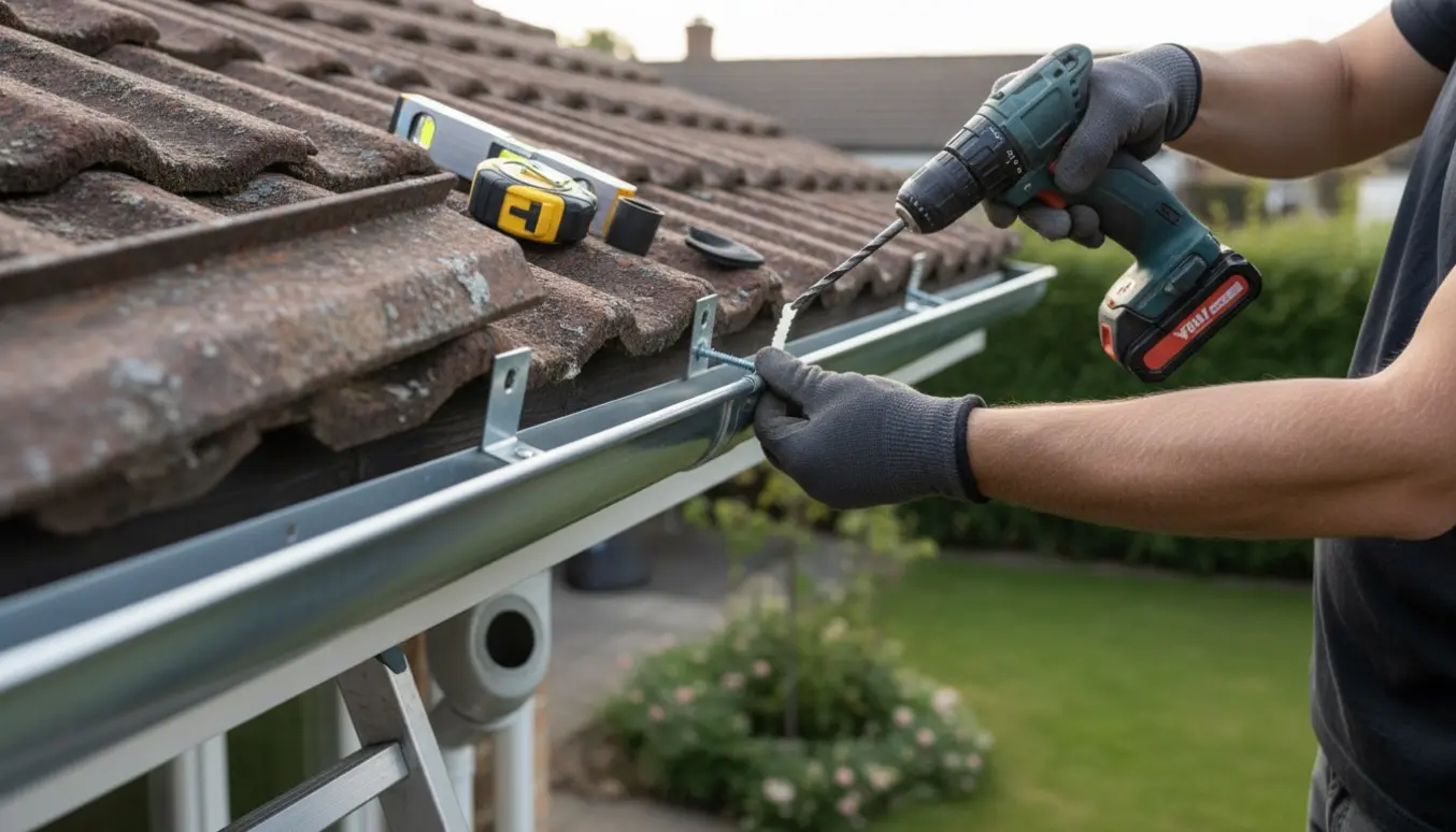Hænder monterer en ny tagrende med værktøj og en gammel rusten rende i baggrunden.