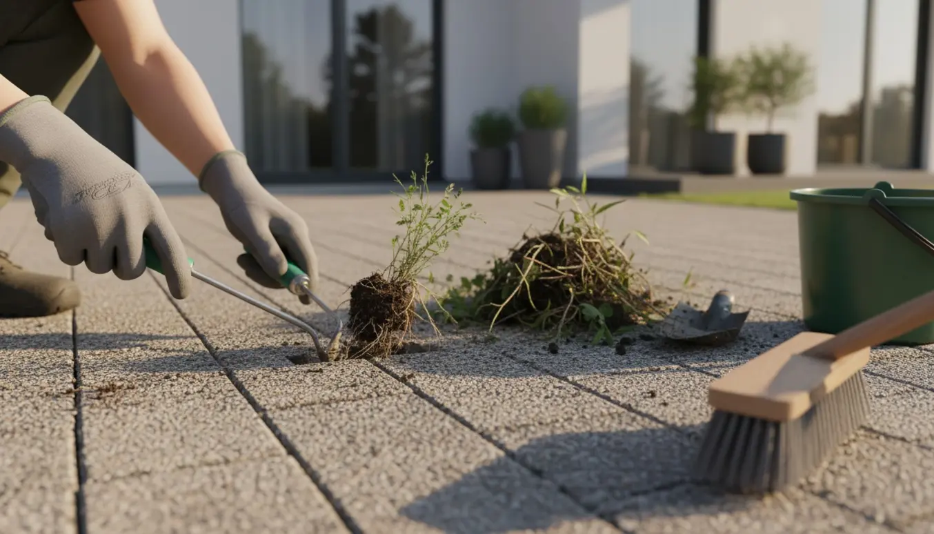 Nærbillede af handskerede hænder, der trækker ukrudt op mellem fliser i en indkørsel med værktøj og en lille bunke planter.