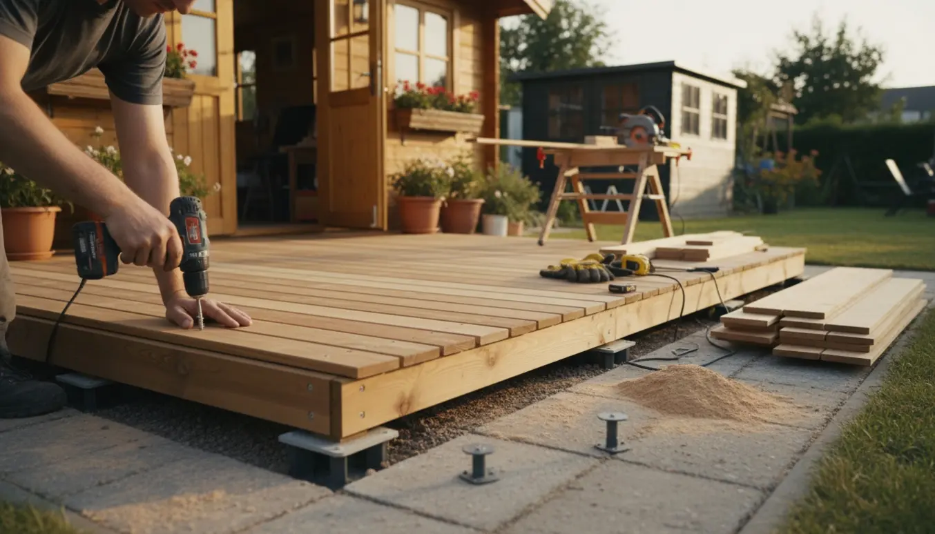 Delvist færdig terrasse i lærketræ foran et kolonihavehus med værktøj og materialer spredt omkring.