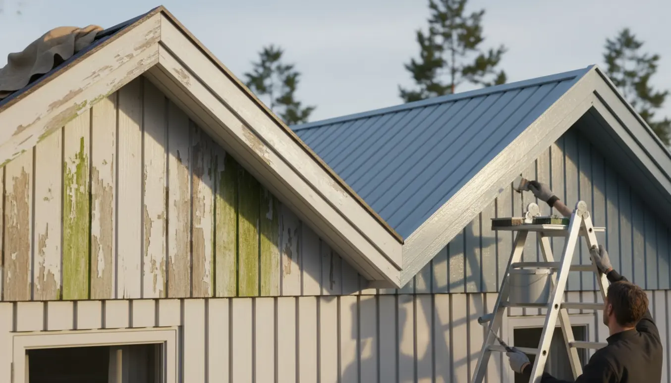 Nærbillede af maling af stern og udhæng på en gavl med stige, pensel og åben malerbøtte.
