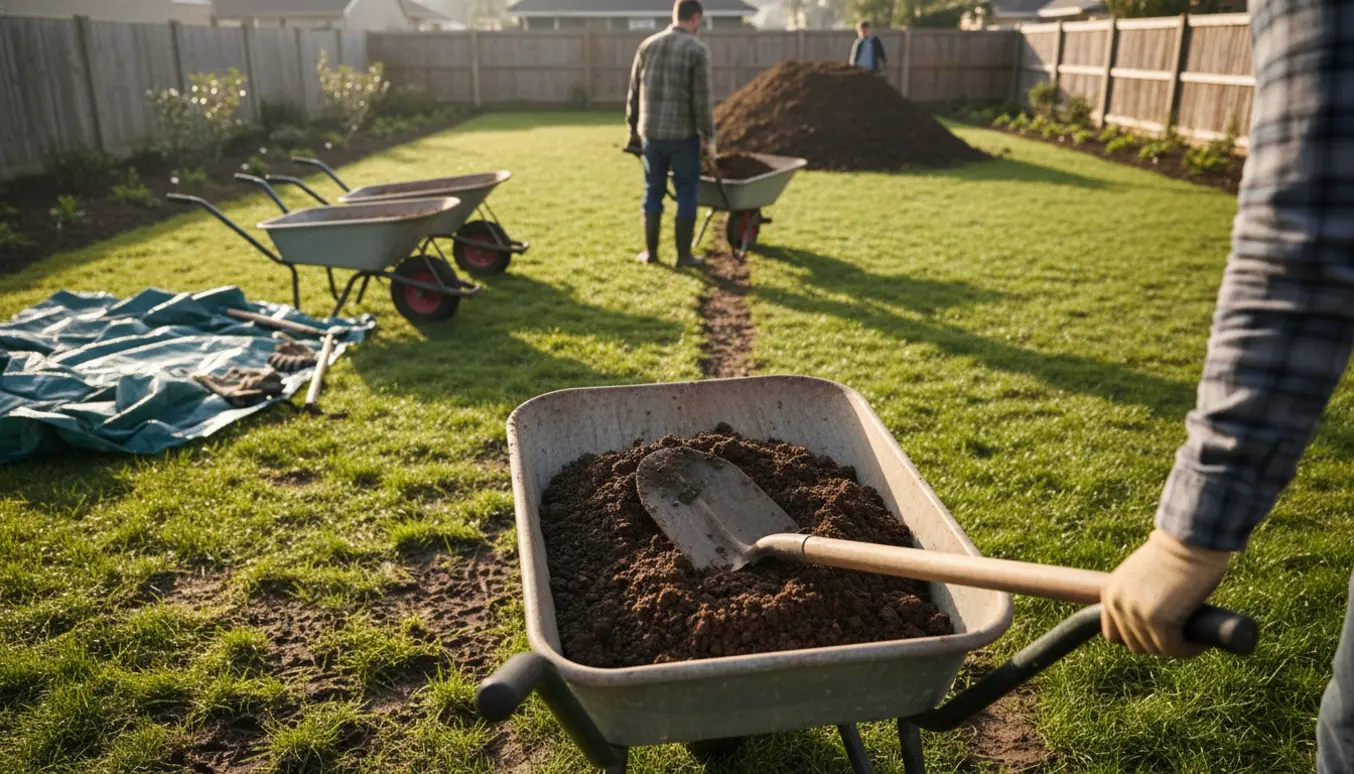 Trillebør fyldt med jord i forgrunden og en bunke jord for enden af haven, redskaber og arbejdere med skjulte ansigter.