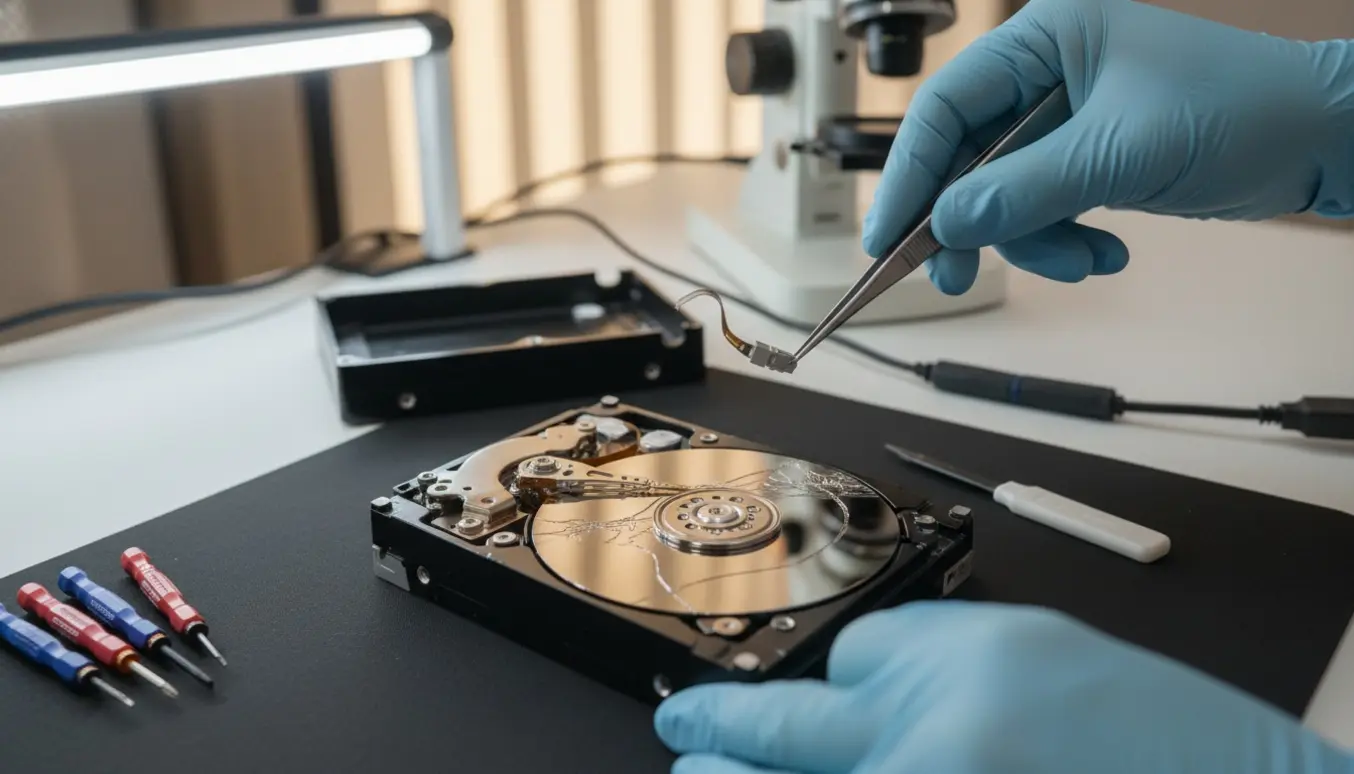 Glovede hænder arbejder på en åben ekstern harddisk med knækket sølvplade og beskadiget læse-/skrivehoved på et rent arbejdsbord.