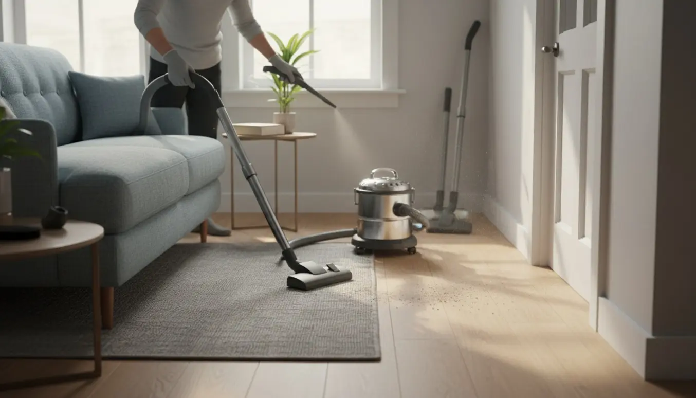 En person støvsuger sofa, vindueskarme og dørkarme i en lys, moderne lejlighed.