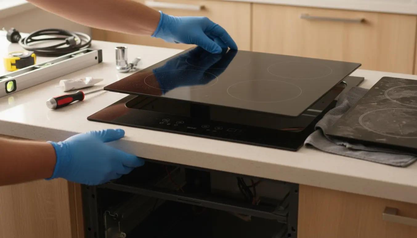 Hænder monterer en ny sort keramisk kogeplade i en køkkenbordudskæring med en tom ovnåbning under.