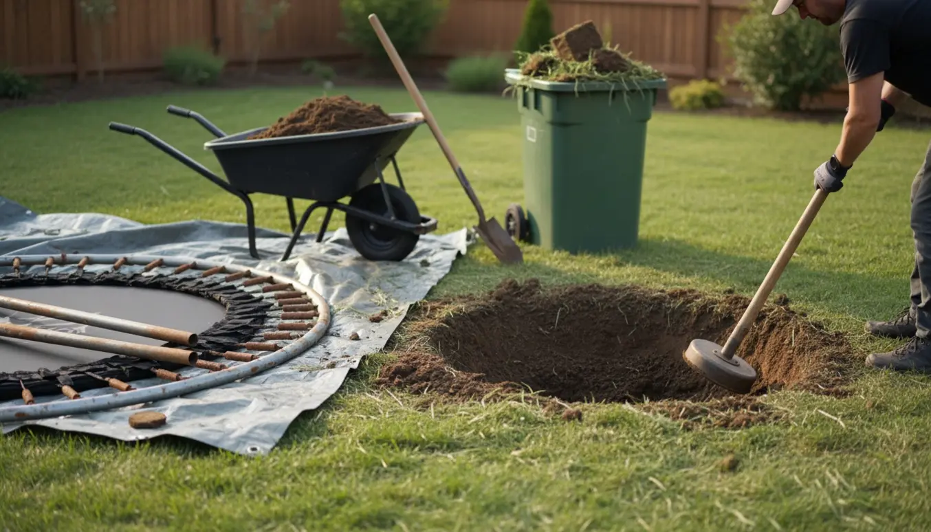 Nedgravet trampolin er delvist fjernet, hullet fyldes med jord og stamps med en håndtamper.