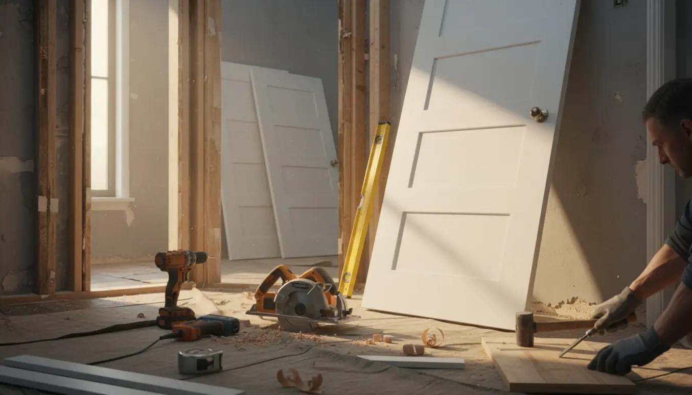 Udskiftning af dør og karm i en bolig med værktøj, ny dør og en udvidet døråbning.