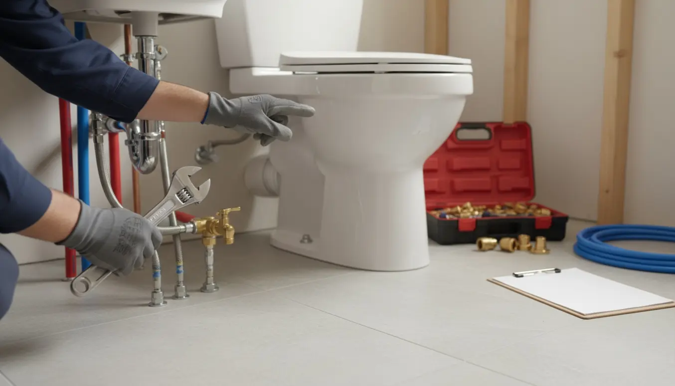 VVS-montør inspicerer nyinstallerede vandrør og toilet i et uafsluttet badeværelse.