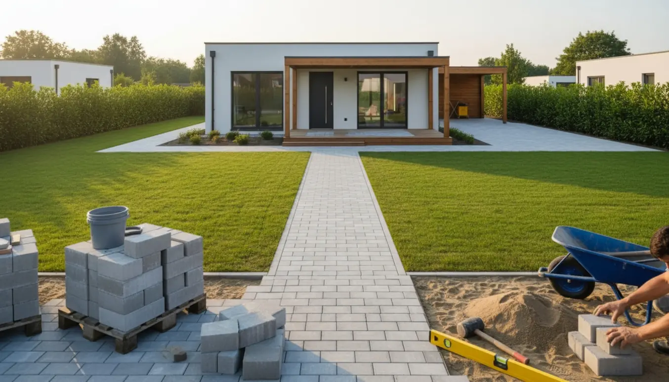 Nybygget hus med flisebelægning rundt om huset, overdækket terrasse, carport, græsplæne og hæk.