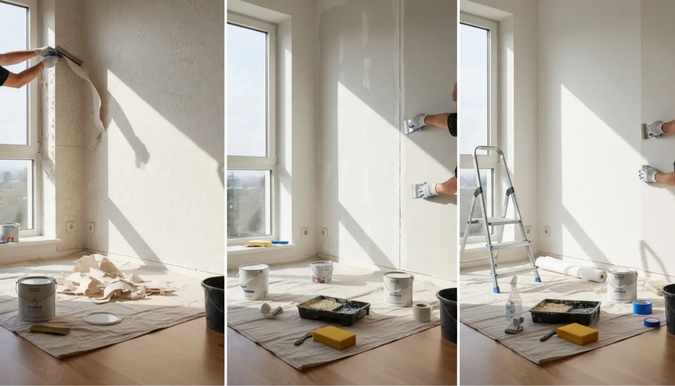 Gloveklædte hænder fjerner savsmuldstapet, spartler og opsætter filt i en lys lejlighed.