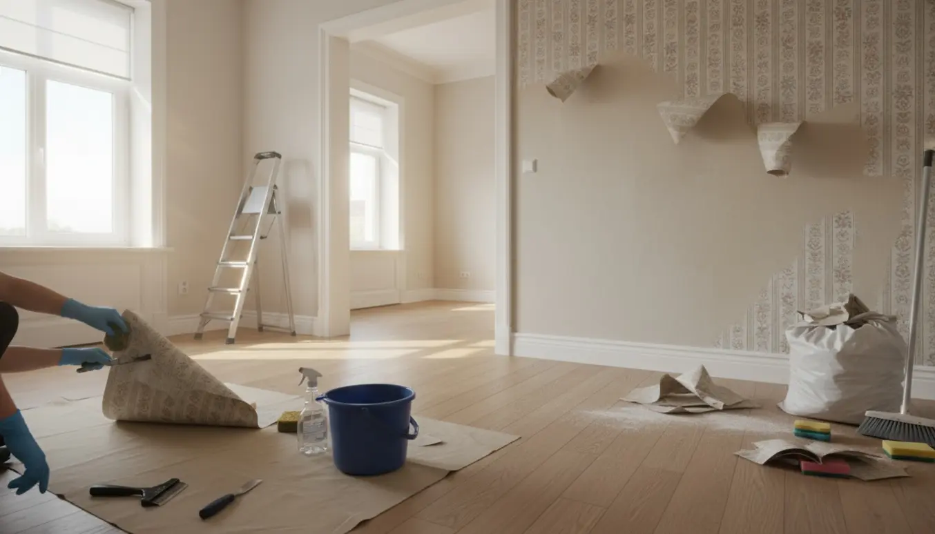 Et oplyst lejlighedsrum med delvist fjernet tapet, værktøj og en bunke afrevet tapet klar til oprydning.