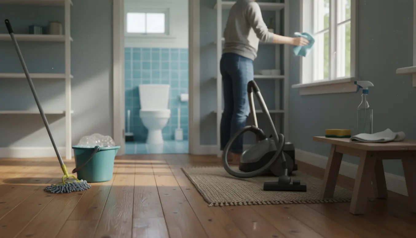 Sommerhusets indre under rengøring med en person, der tørrer hylder af, støvsuger og mopper gulvet.