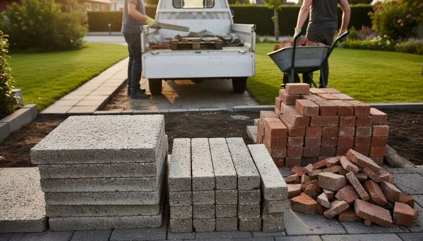 Stakke af havefliser og mursten ved en varebil i baghaven klar til afhentning.