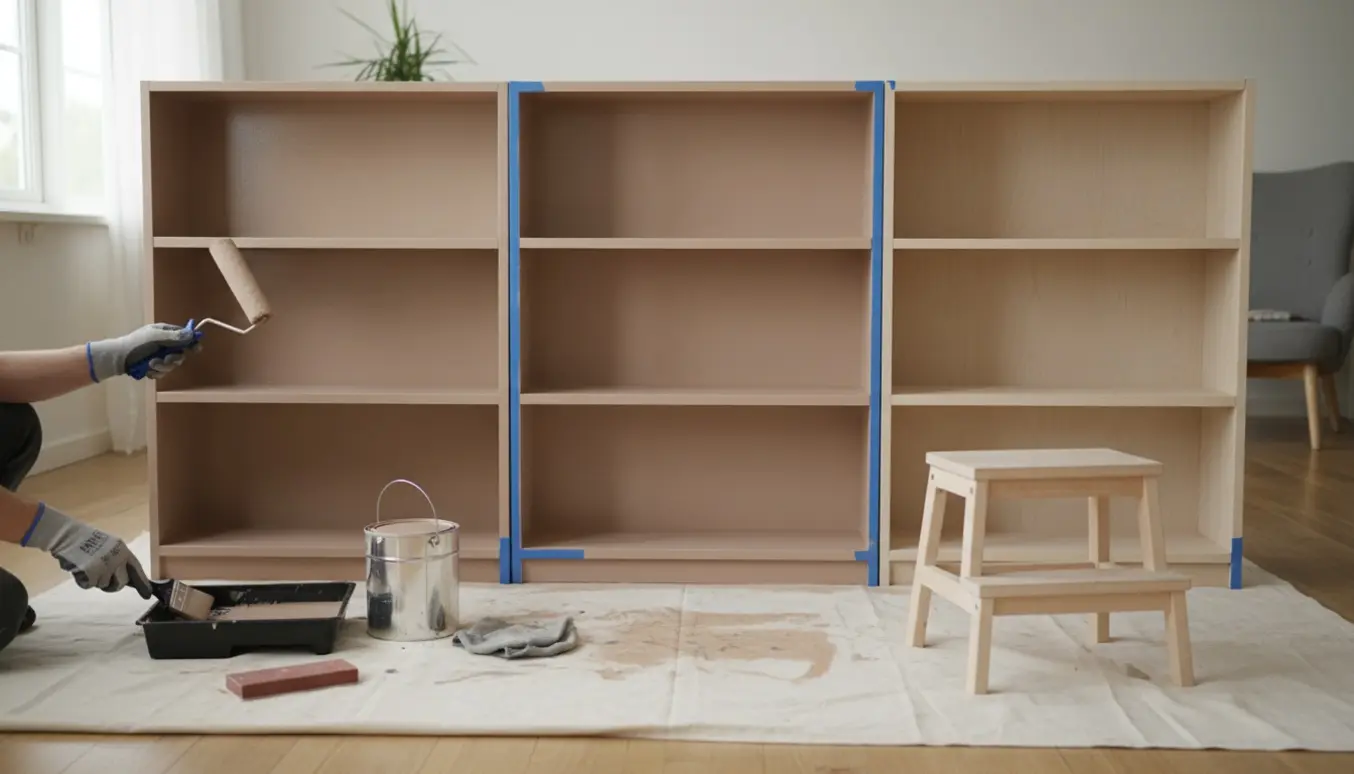 Tre Mistral-reoler i hjemmet, hvor hænder maler dem i en varm beige/nude farve.