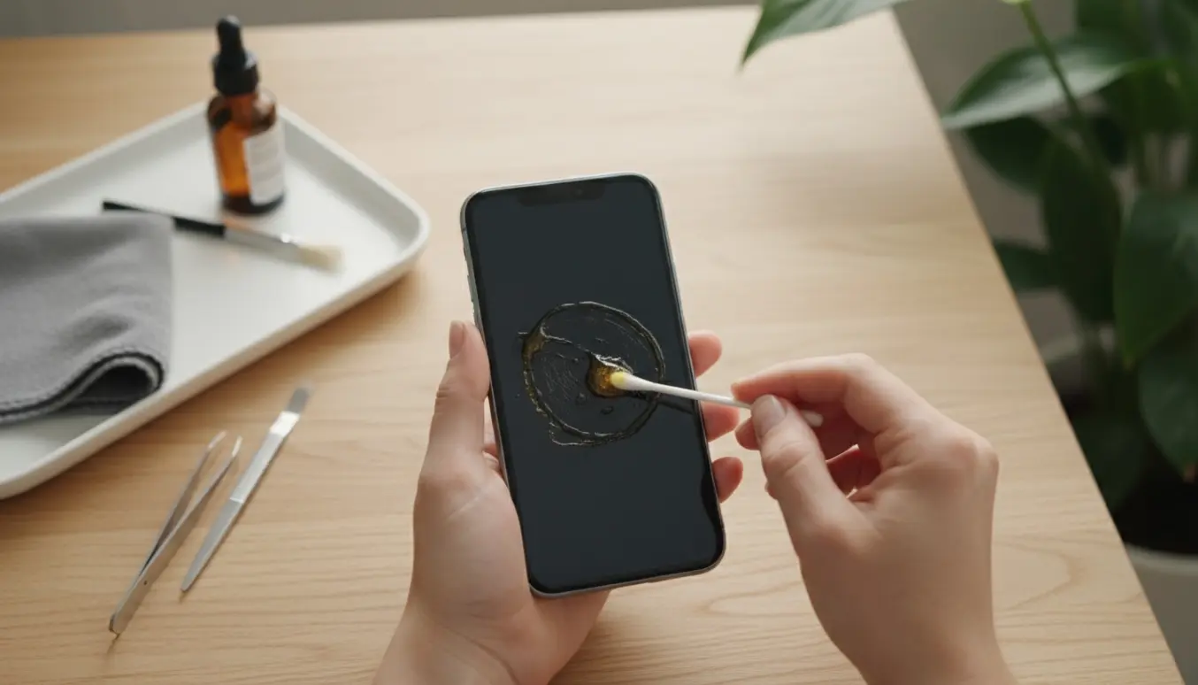Nærbillede af hænder, der rengør en klistret smartphone med vatpind og mikrofiberklud.