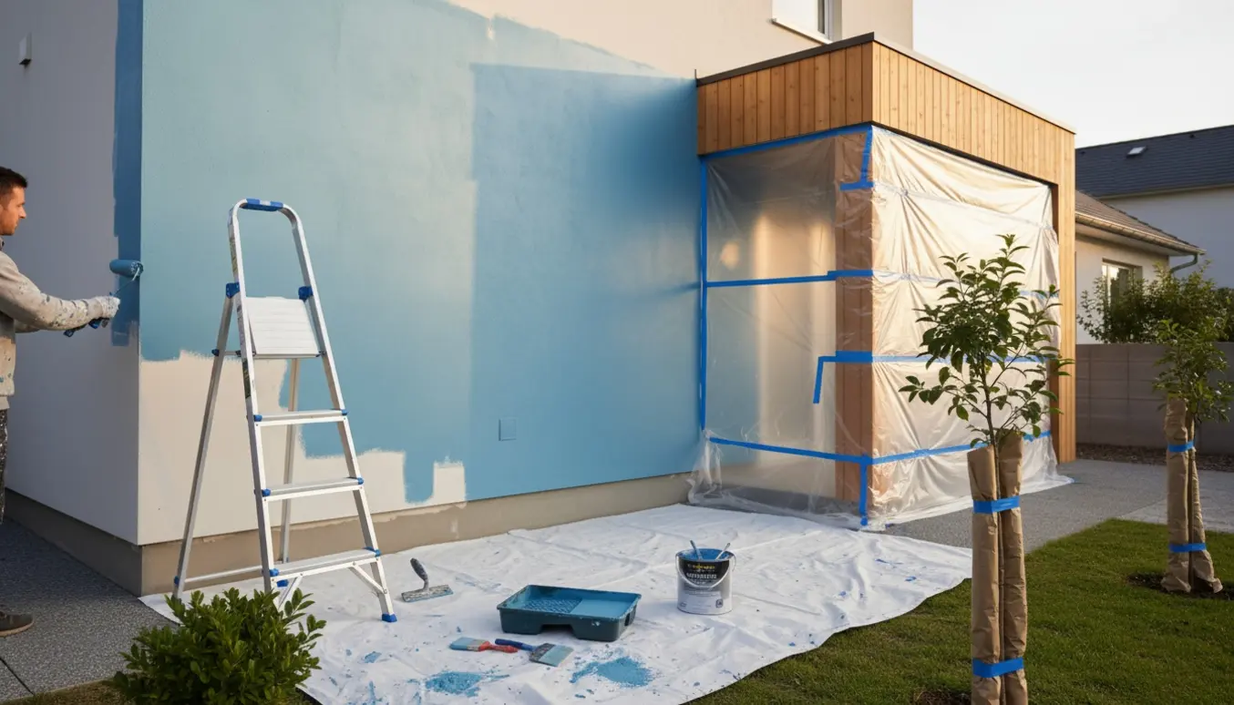 Nærbillede af maling af husets pudsede facade og sokkel med værktøj og afdækningsdug.