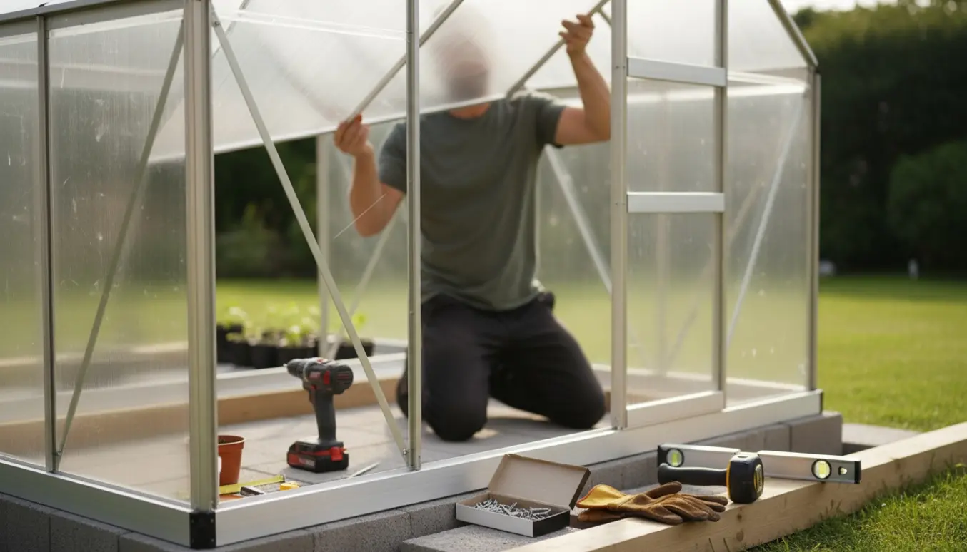 To personer samler et drivhus i aluminium med gennemsigtige polykarbonatplader på en forberedt sokkel i en solrig have.