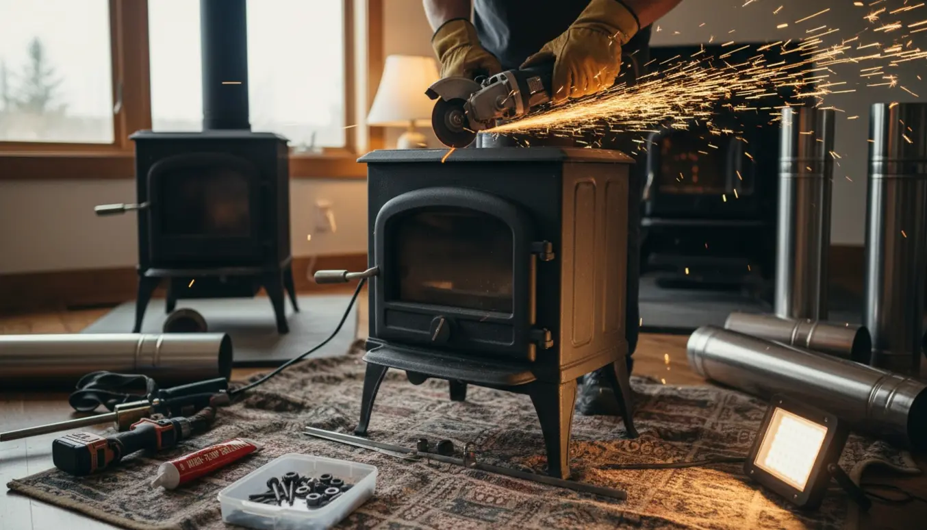 Nært foto af handskerede hænder, der skærer et røgrør til ved installation af en ny brændeovn.